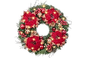 Siyaluens 20" Christmas Wreaths for Front Door with Lights - Christmas Poinsettia Wreath Decorations for Holiday Winter Wall Window Outdoor Indoor Xmas Decor