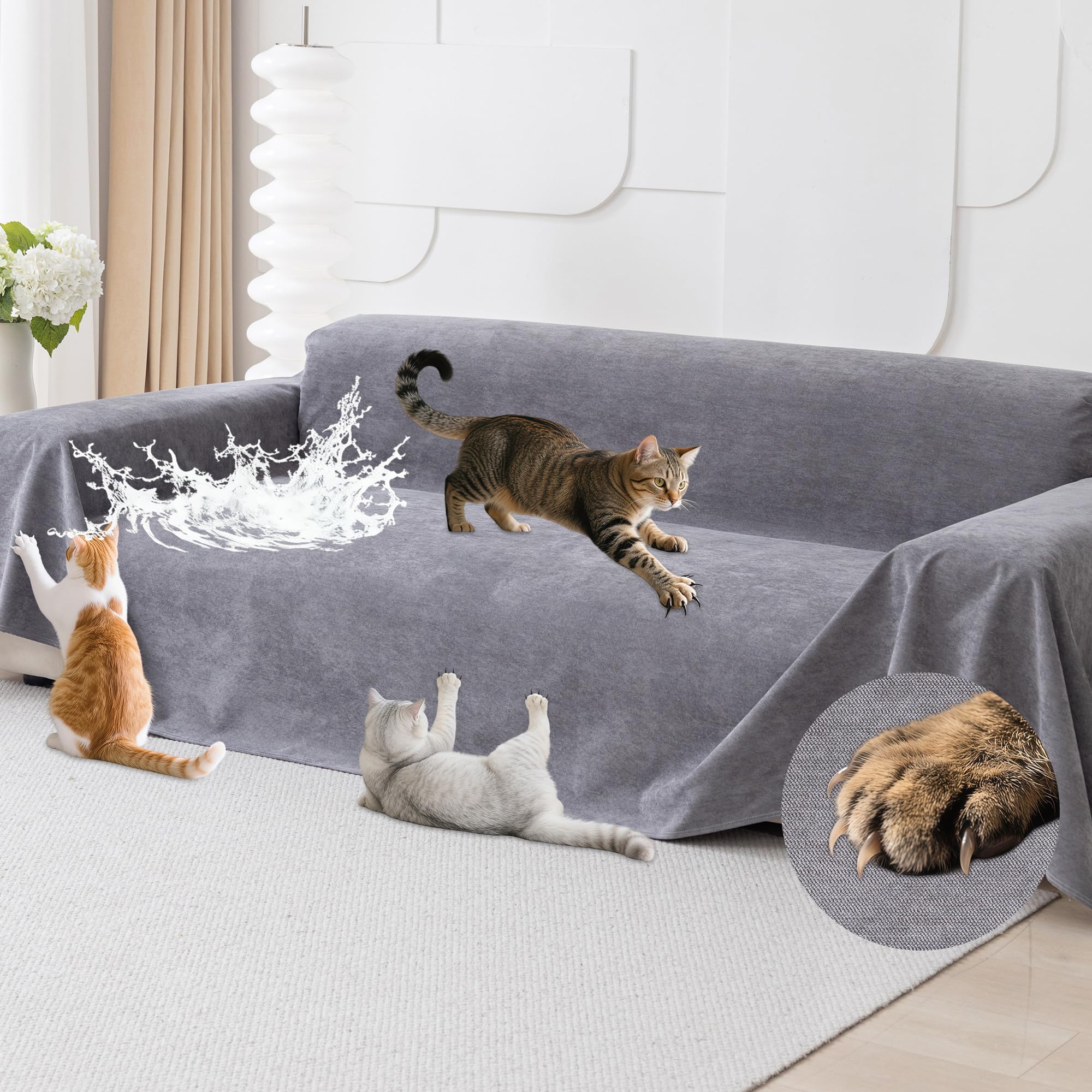 Photo 1 of Loiion Cat Scratch Furniture Protector - Anti-Slip, Waterproof Sofa Cover to Keep Cats Off, Pet-Friendly Couch Protectors for 3 Cushion Couch, Gray Anti-Scratch Couch Cover for Pets and Kids 134"X71"