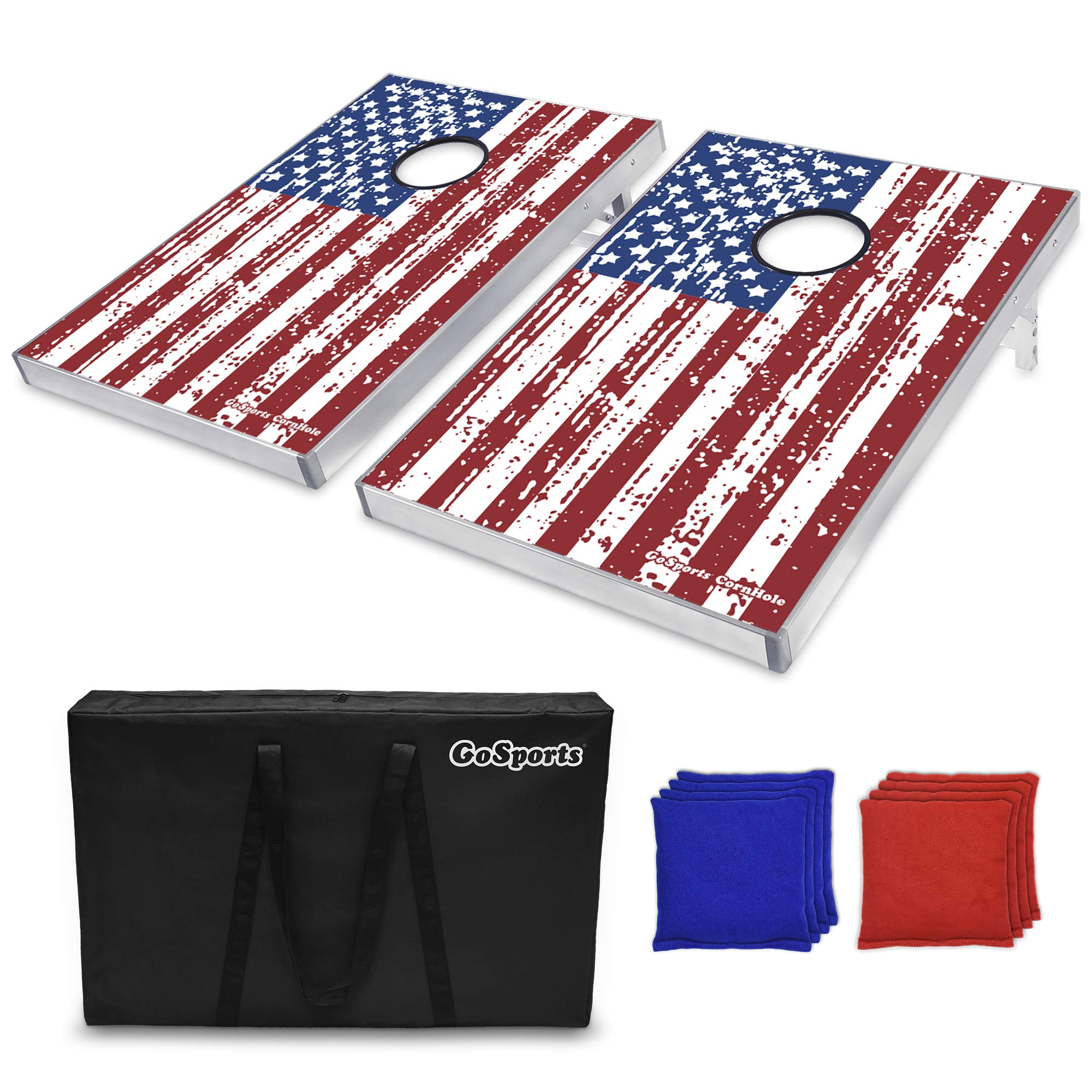 GoSports Cornhole Bean Bag Toss Game Set - Superior Aluminum Frame (American Flag, Football, LED and Classic designs)