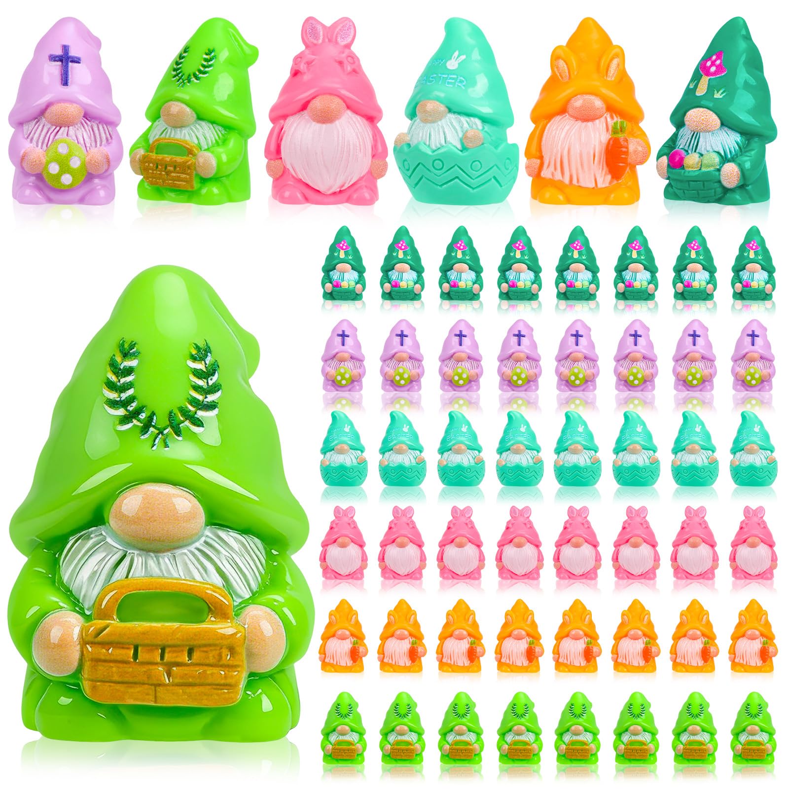 60 Pcs Easter Mini Gnomes Figures Tiny Fairy Resin Gnomes Figurines to Hide Easter Carrot Bunny Ear Basket Eggshell Eggs Element Miniature Gnomes Statues for Party Favors Tiered Tray Garden Decor