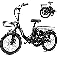 Qlife Triker Electric Bike, Peak 750W Brushless Motor Folding Trike Ebike, 468Wh Removable Battery, Step-Thru 3 Wheel Electric Bicycle, Up to 50 Miles, 20 Tire Tricycle for Adults