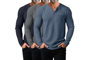 August Alley 3 Pack Men's Waffle Henley Long Sleeve Thermal Shirts, Casual Regular Fit Undershirts Pullover Tops with Pockets