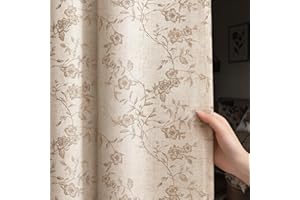 XOGUIBO 100% Blackout Floral Curtains 84 Inch, Vintage Farmhouse Curtains Linen Textured for Living Room Bedroom, 2 Panels