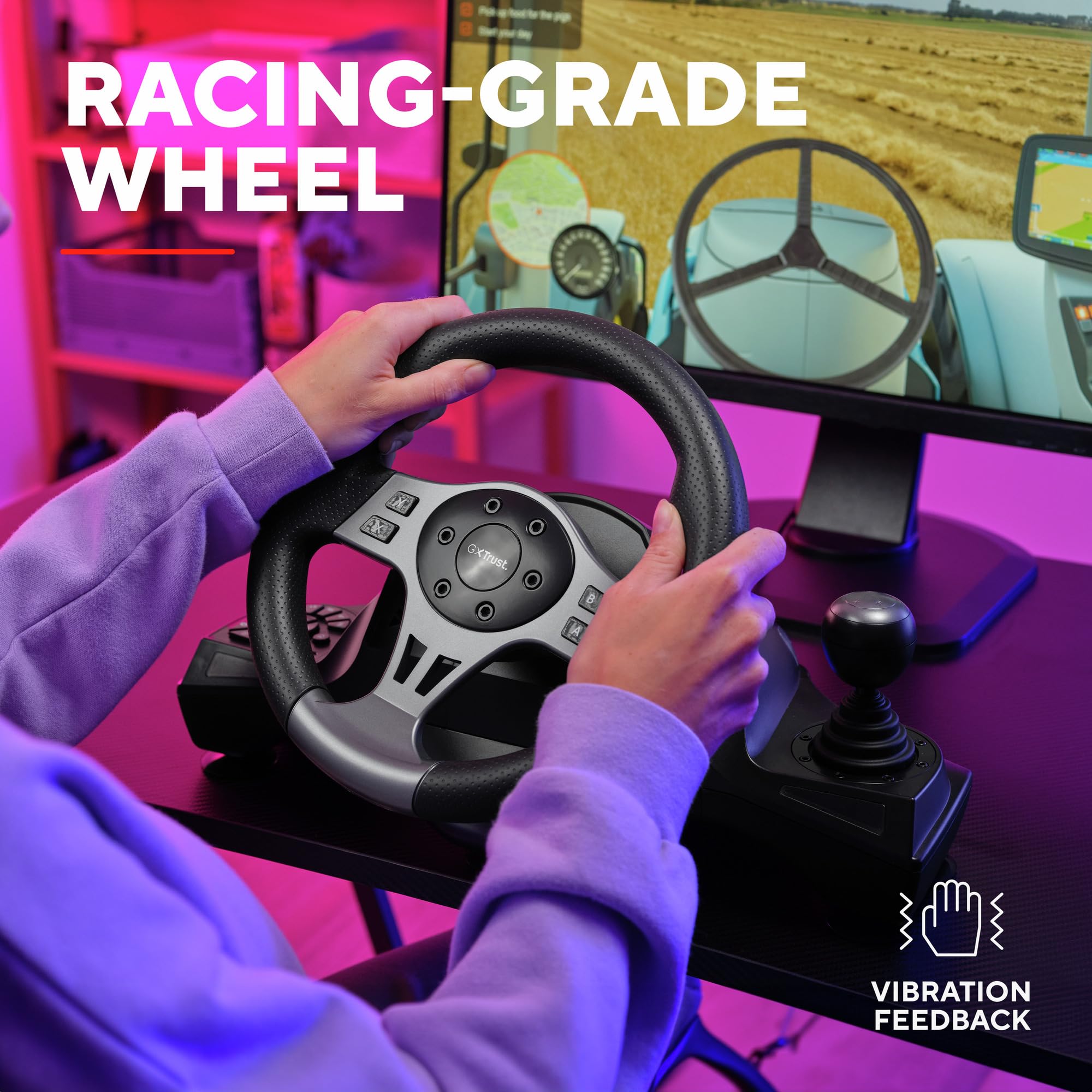 Trust GXT 289 Movi Gaming Lenkrad PC, Xbox Series X/S, PS4, Nintendo Switch, Racing Wheel mit Pedalen, Schaltwippen, Schalthebel, Vibrationsfeedback, Sim Racing Farming Simulator / F1 / Gran Turismo 3
