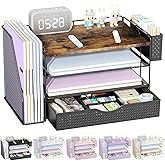 gianotter Wood Desk Organizers and Accessories with File Holder, 4-Tier Desk Accessories & Workspace Organizers with Drawer and Pen Holder, Paper Organizer for Office Supplies (Wood)