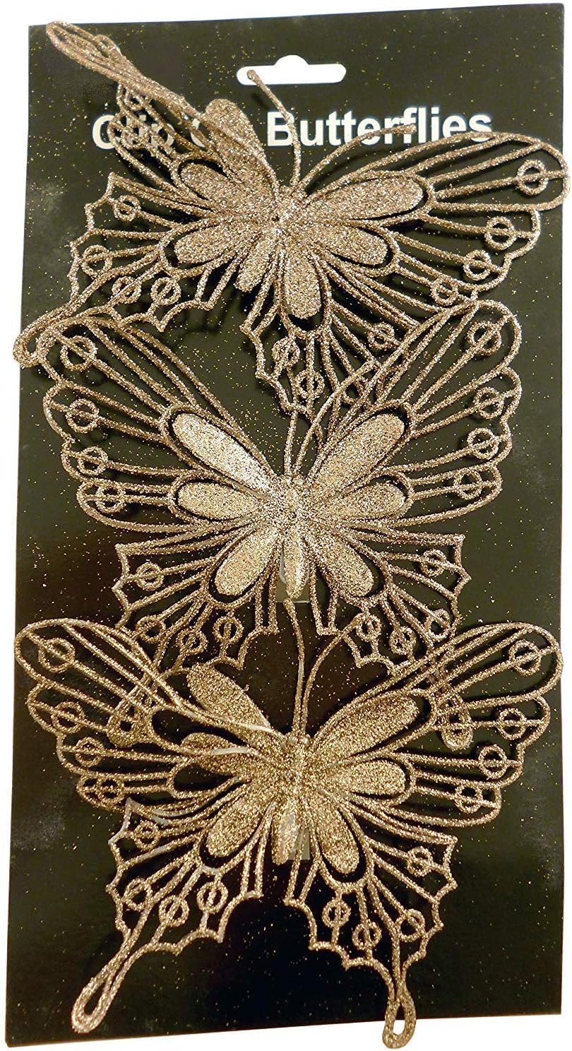 Davies Toyland® Pack Of 3-13cm Glitter Mocha Brown Clip On Butterflies - Christmas Decorations - Christmas Accessories