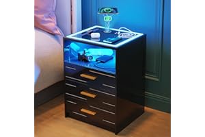 Lvifur LED Nightstand with Wireless Charging Station,3 Color Dimmable Auto Sensor Night Stand for Bedroom Furniture,Touch Screen Bedside Table with USB&Type-C Ports and 3 Drawers