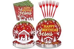 Greencian 96Pcs Christmas Happy Birthday Jesus Party Supplies Red Jesus's Birthday Party Plates and Napkins Disposable Christmas Nativity Tableware Set for Xmas Winter Holiday Decorations Serves 24