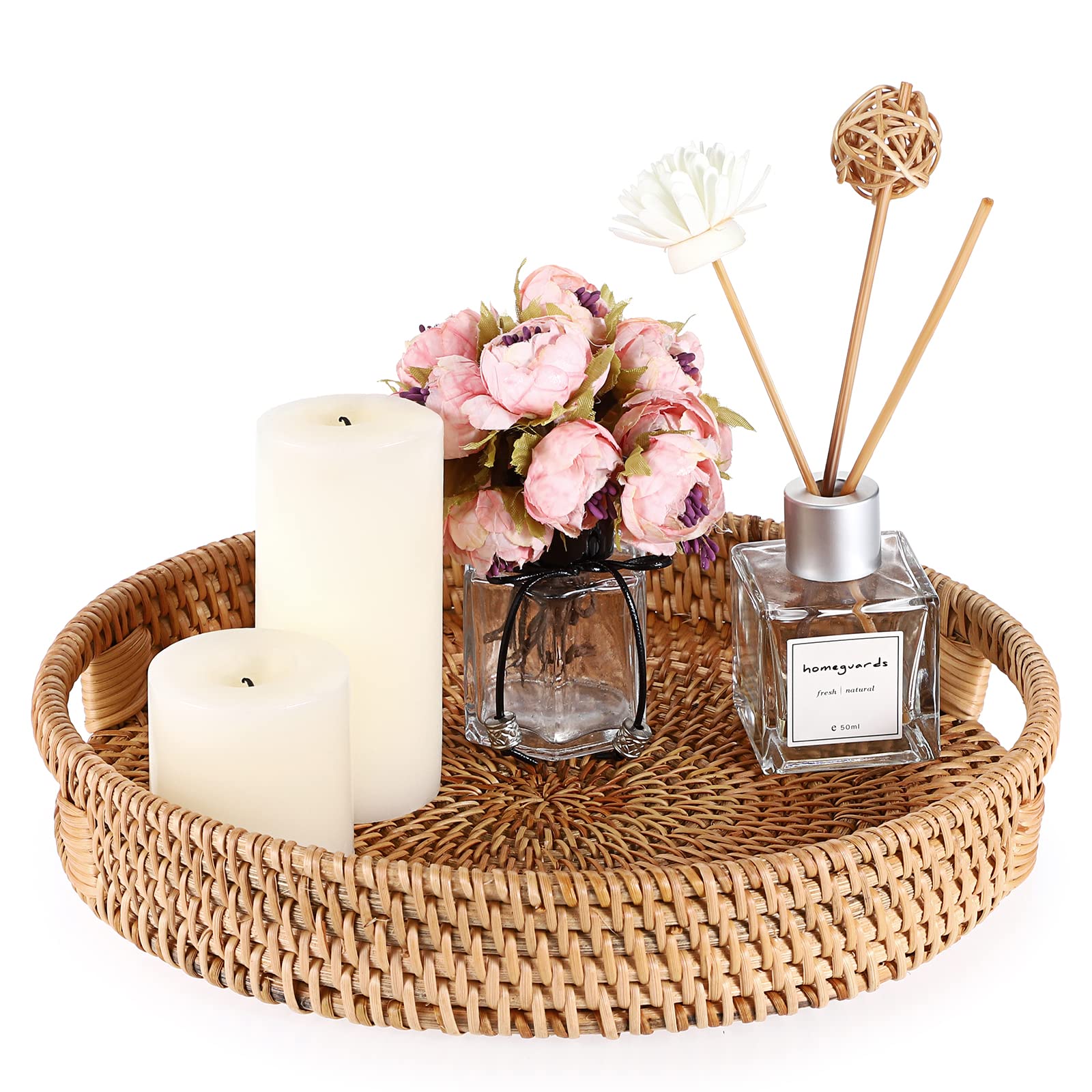 Sumnacon Round Rattan Woven Serving Tray with Handle for Coffee, Drinks, Breakfast, Tea, Candles, 25cm