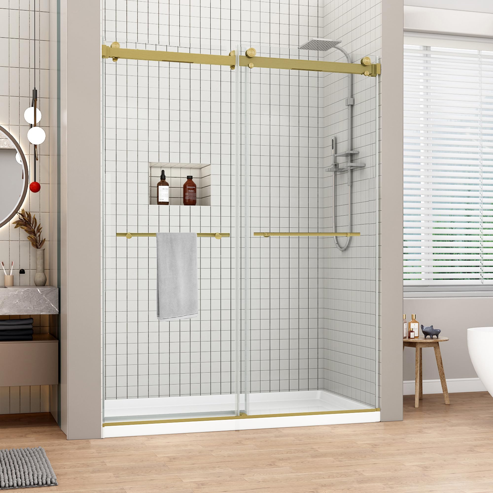 Photo 1 of ***FACTORY SEALED*** Sunrosa Frameless Double Sliding Shower Door 51 1/8-55" W x 76" H, 5/16" (8mm) Thick Easy-Clean Tempered Glass, Soft-Close Adjustable Shower Door with Towel Bar, Brushed Gold Finish