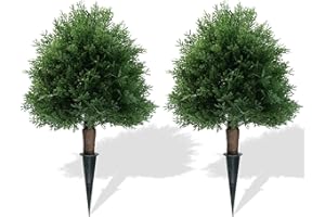 Howngyesimu 20" Artificial Cedar Topiary Ball Trees with Ground Spike, 2 Pack UV Resistant Artificial Shrubs, Fake Evergreen Artificial Plant Brush for Indoor Outdoor Front Porch Garden