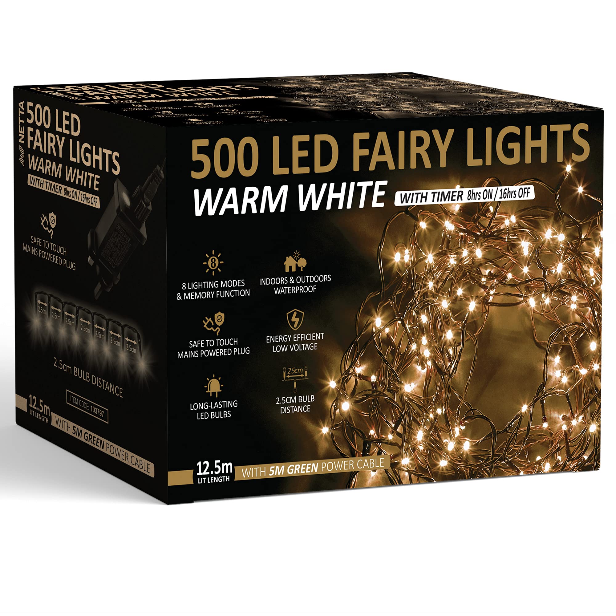 NETTA Christmas Tree Lights 500 LED 12.5m Warm White - 2.5cm Bulb Distance Fairy String Lights Plug in with Timer and Memory Functions - Suitable for Outdoor/Indoor Use