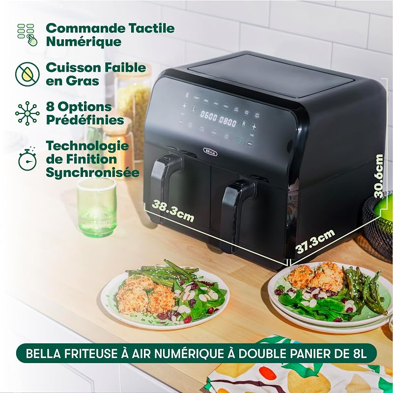 Friteuse à air à panier double 8.0 QT, Multifonction 5-en-1 avec Plateau et Panier Antiadhésifs Amovibles et Lavables au Lave-vaisselle, 2850 Watts, Noir Mat