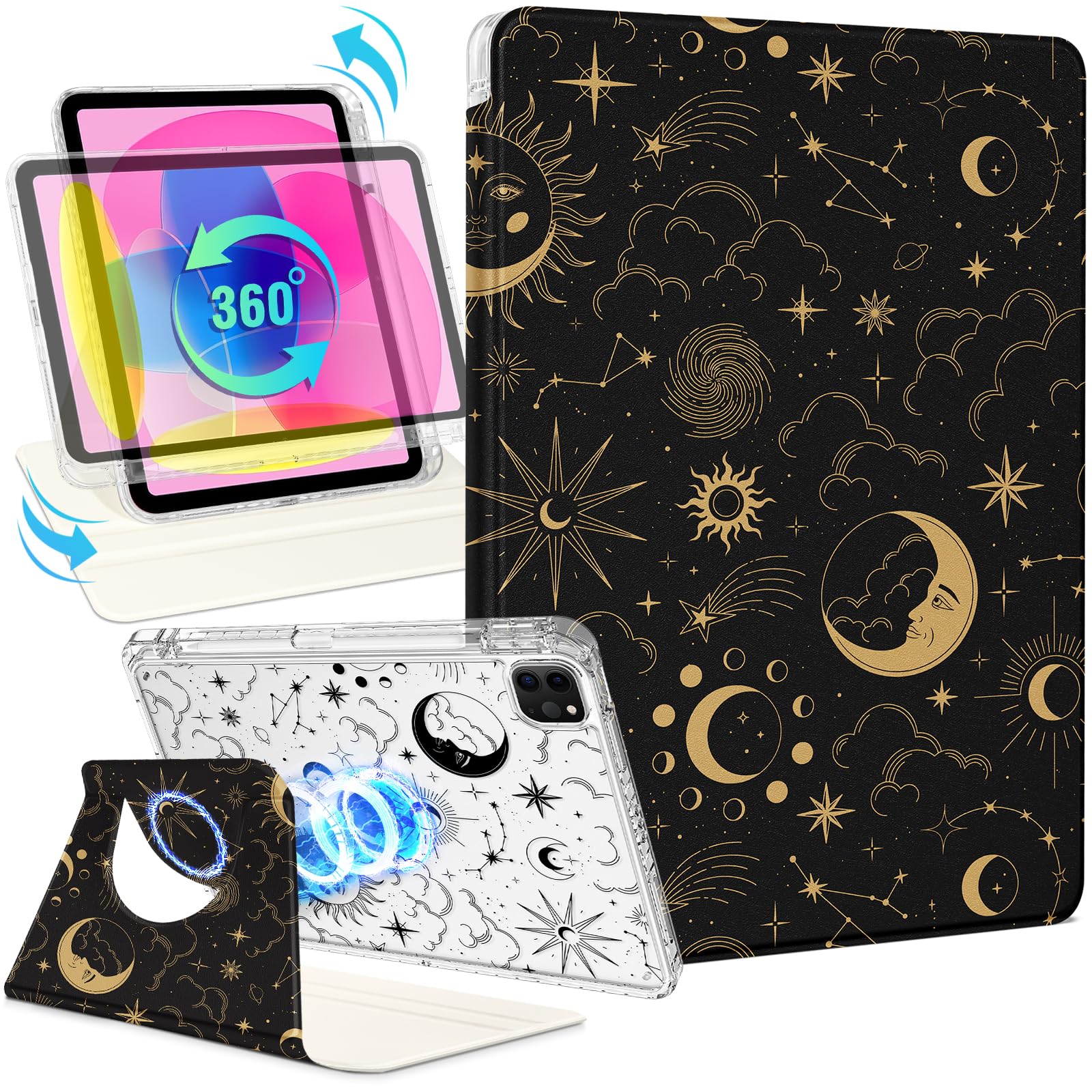 Photo 1 of Shorogyt for iPad Air 13 Inch M3 2025 & M2 2024 /for i Pad Pro 12.9 inch (3/4/5/6th Gen) for Magnetic Stand for Women - Cute Design 360 Degree Rotating Covers Girls with Pencil Holder, Sun Moon