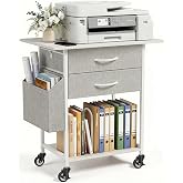 Faesun Printer Stand with Storage,3-Tier Rolling Printer Table with Drawers | Rotatable Printer Cart,Storage Shelf,Under Desk,File Cabinet,Lockable Rollers,for Home Office, Living Room,White