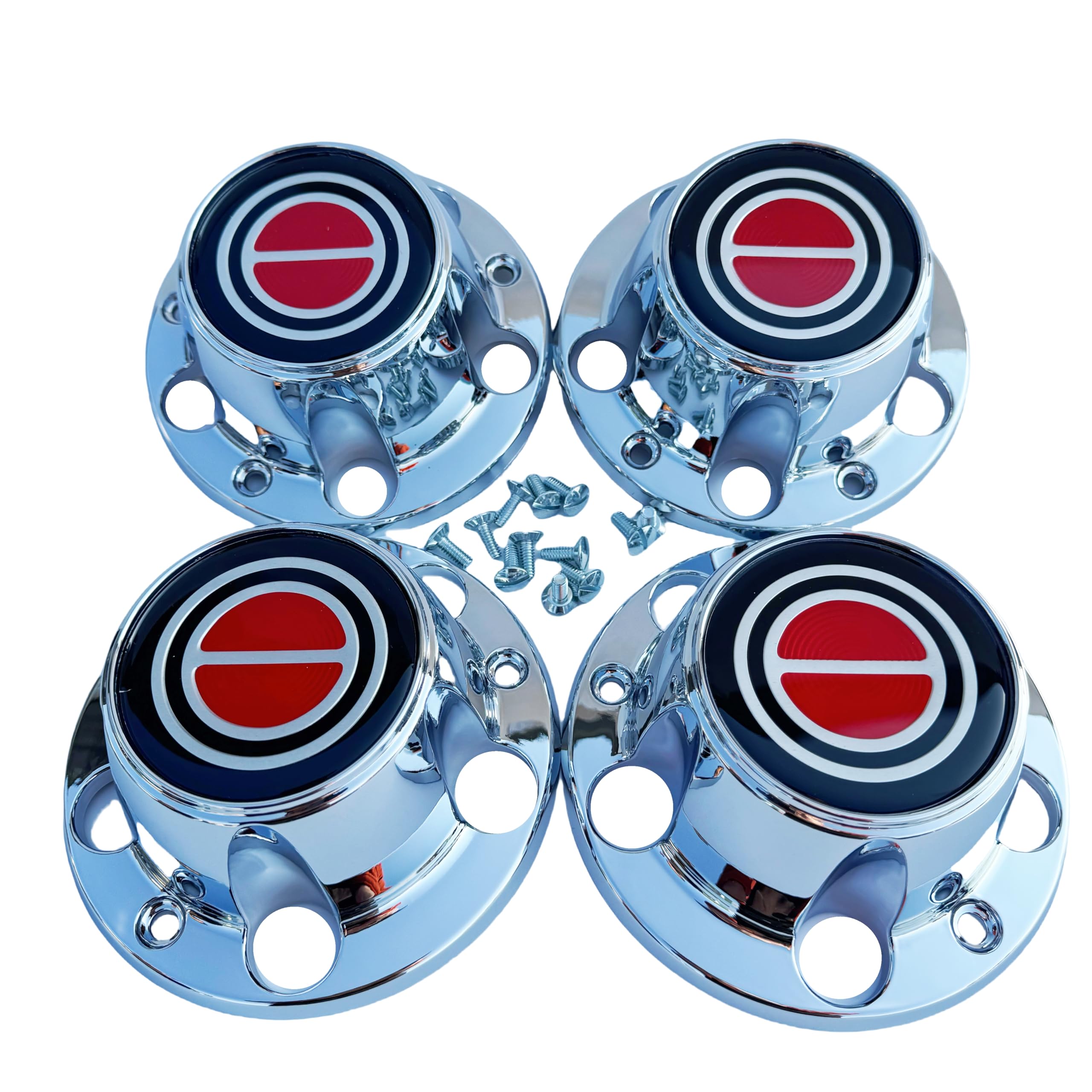 Photo 1 of 1980-1996 F150 Bronco Van Chrome Wheel Hub Center Caps RED Center 4 PCS