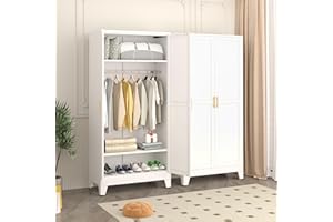pozdeg Metal Armoire Wardrobe Closet, 71" Tall Clothing Storage Cabinet with Hanging Rods, Household Closet Organizers with Adjustable Shelves for Home Office or Gym (White)