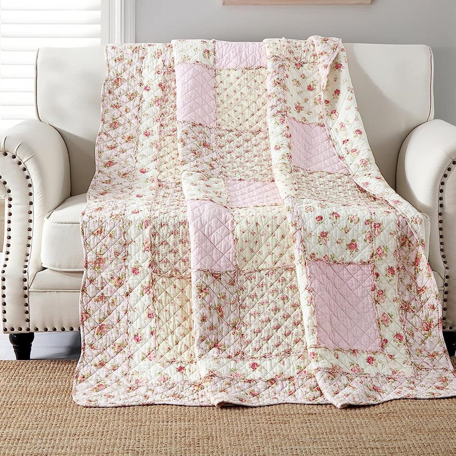 Qucover Single Bedspread Quilted Sofa Bed Throw Soft 100% Cotton Pink Floral Patchwork Quilt 150x200 cm Decorative Sofa Couch Coverlet