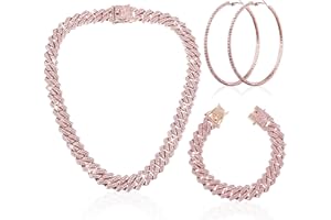 Batiyeer 3 Pcs Cuban Link Chain Necklace Bracelet Rhinestone Hoop Earrings Bling Crystal Hip Hop Jewelry for Women