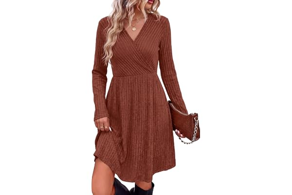 WIH0LL Womens Fall Dresses 2026 Long Sleeve Wrap Sweater Dress with Pockets | Elegant Classy, Surplice Neck, A line, Soft Kni