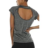 icyzone Workout Running Shirts for Women - Fitness Gym Yoga Exercise Short Sleeve T Shirts Open Back Tops