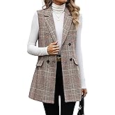 ELLEVEN Women's Long Plaid Vest Sleeveless Double Breasted Blazer Jackets Fall Trendy Coats with Pockets