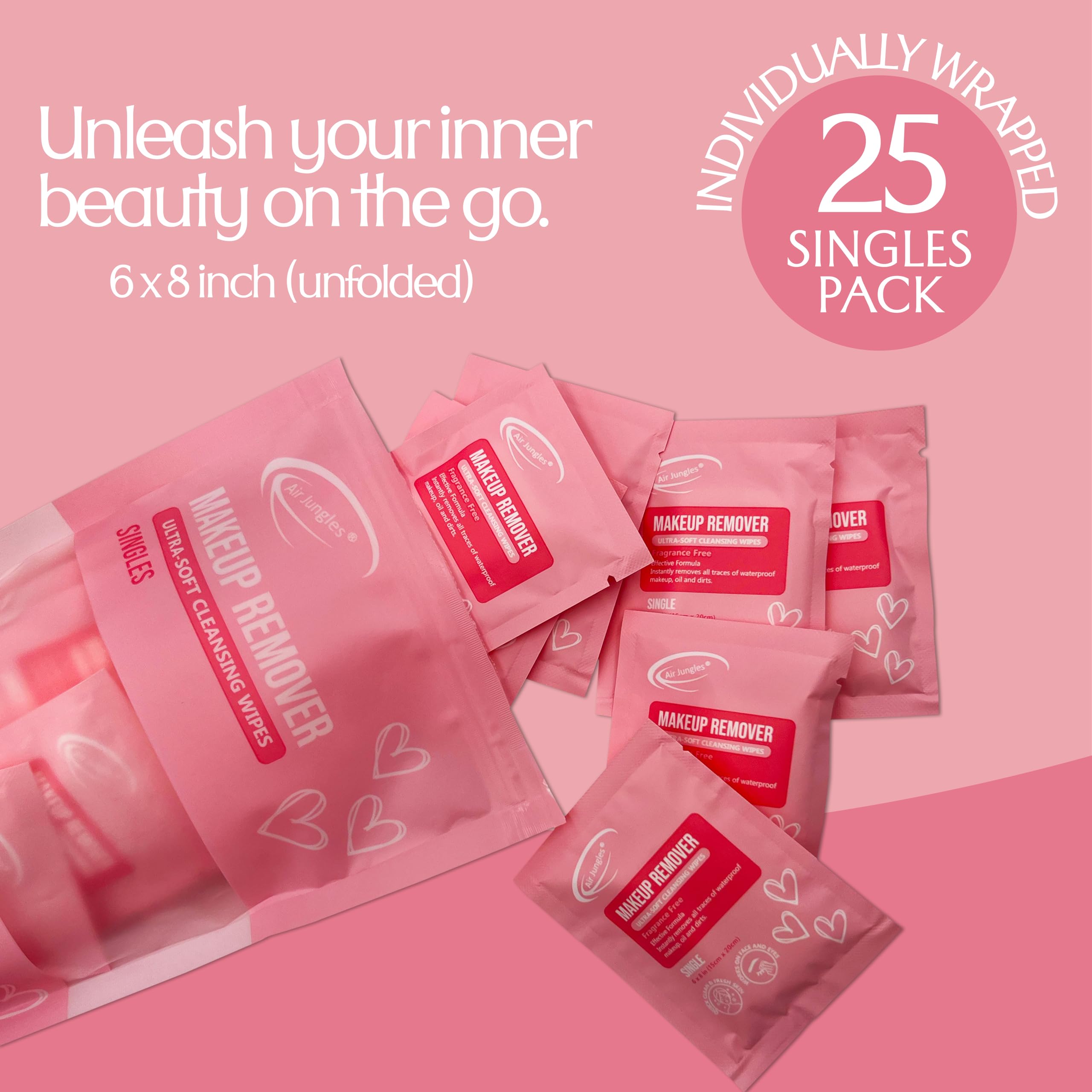 Air Jungles Makeup Remover Wipes Single Wrapped, 25 Ct, Mini Travel Size for Cleansing Face and Eyes, Fragrance-Free, Alcohol-Free, Infused with Vitamin E for All Type Skin