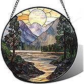 AMDERVEN Stained Glass Window Hanging, Sunset Mountains Lake Tree Sun Catcher for Window Home Decor Landscape Suncatcher Mother's Day Birthday Gifts for Women Men Mom and Nana 6.3 in