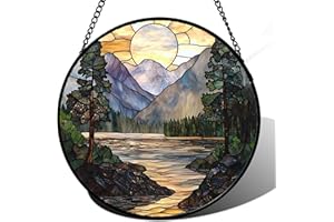 AMDERVEN Stained Glass Window Hanging, Sunset Mountains Lake Tree Sun Catcher for Window Home Decor Landscape Suncatcher Mother's Day Birthday Gifts for Women Men Mom and Nana 7.8 in