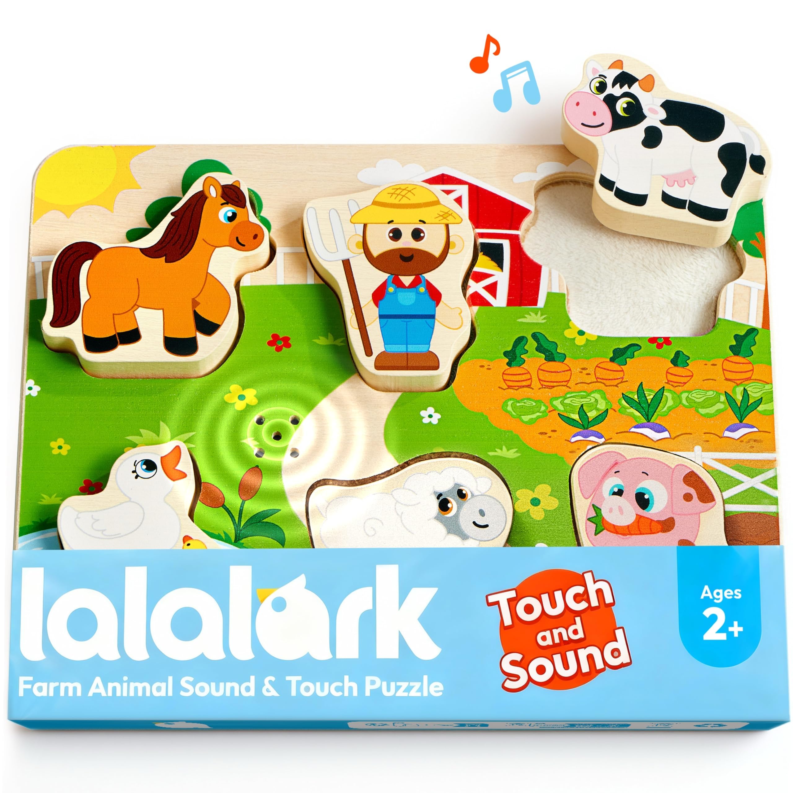 lalalark Tactile & Sound Wooden Chunky Puzzle, Musical Farm Animal Toys with Textured Blocks, Educational Shape Matching & Stacking Game, Montessori Toys for Kids Ages 2-4, Christmas Birthday Gift