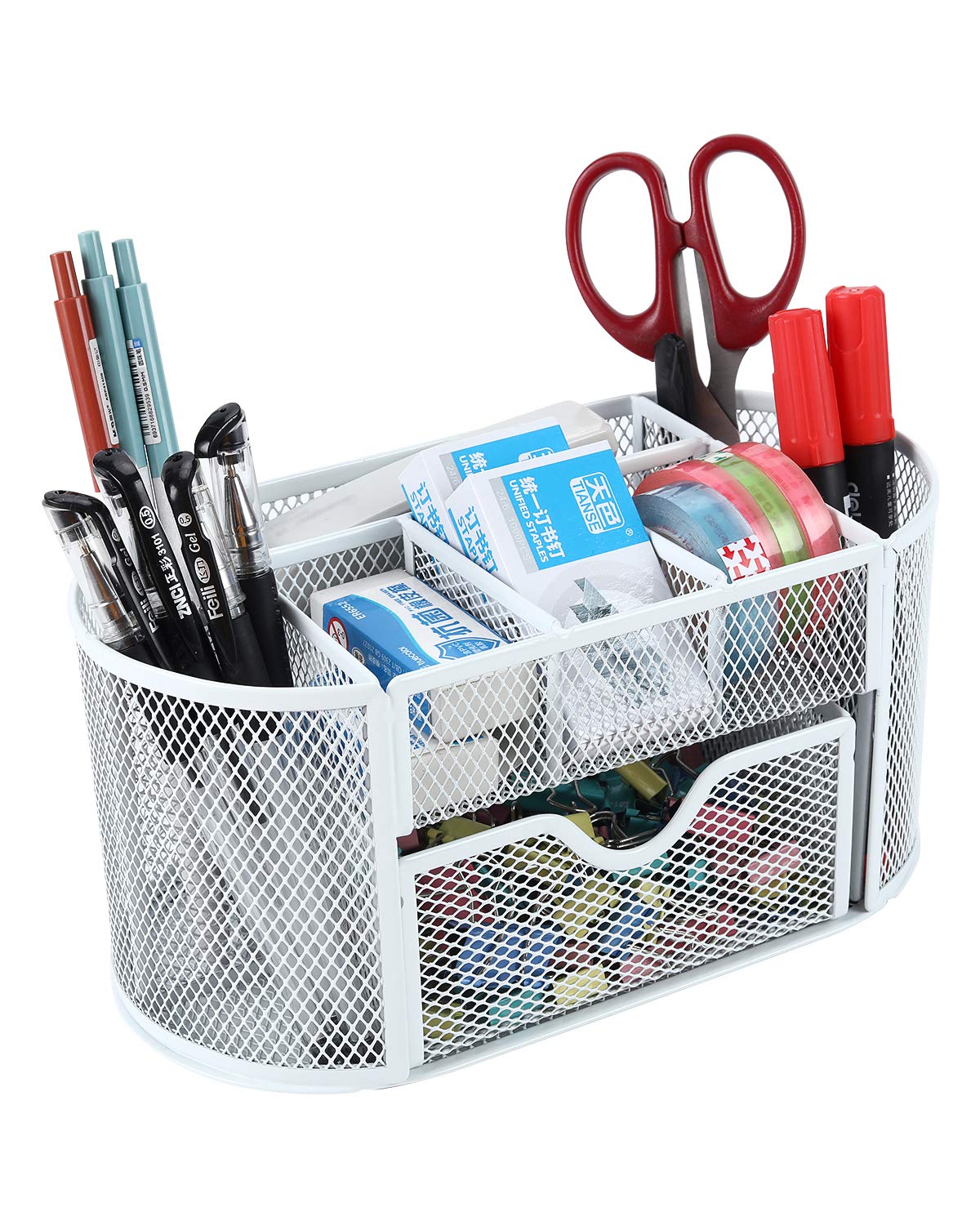 EasyPAG Office Mesh Desk Tidy Versatile Stationery Storage Desktop Organiser Pen Holder with Drawer,White