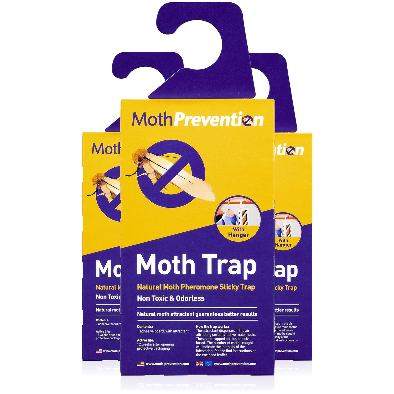 POWERFUL MOTH TRAP FOR CLOTHES MOTHS 3Pack Refillable, Odorfree