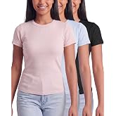 3 Pack Women's Cotton Ribbed Tshirts Short Sleeve Crew Neck Tees Basic Tops | Plus Size Petite, Soft Ribbed Cotton Blend, Opa