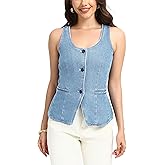 D-Sun Women Sleeveless Denim Vest Button Down Scoop Neck Jean Waistcoat Fashion Front Slit Denim Tank Top with Pockets