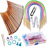 Exquiss Bamboo Knitting Needles Set, 18 Pairs Circular(31.5&rdquo;) Wooden Knitting Needles with Colored Plastic Tube, 36PCS Single Pointed Bamboo Knitting Needle(9.5&rdquo;), Include Knitting Tools for Weaving