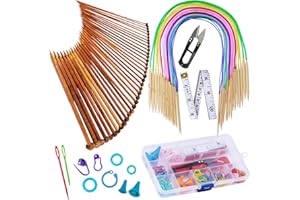 Bamboo Knitting Needles Set, Exquiss 18 Pairs Circular(31.5”) Wooden Knitting Needles with Colored Plastic Tube, 36PCS Single Pointed Bamboo Knitting Needles(9.5”), Include Knitting Tools for Weaving