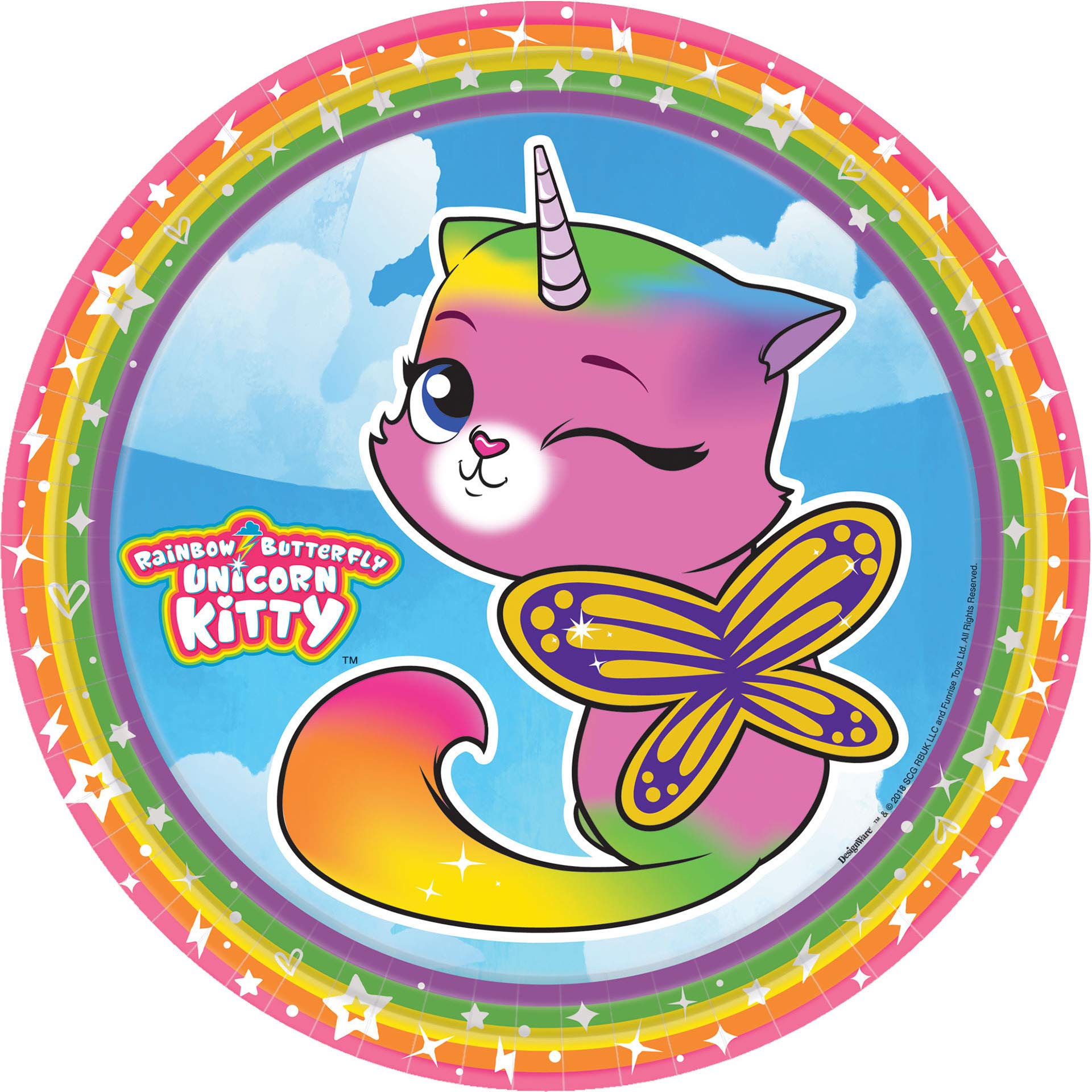 amscan 552086 Rainbow Butterfly Unicorn Kitty Design Round Paper Plates-8pc