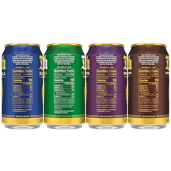 LIQUID DEATH, SODA-FLAVORED SPARKLING WATER VARIETY PACK, 12-PACK (12OZ CANS), LOW CALORIE & NO ARTIFICIAL SWEETENERS, 4 FLAVORS: SEVERED LIME, DOCTOR DEATH, KILLER COLA, AND ROOTBEER WRATH