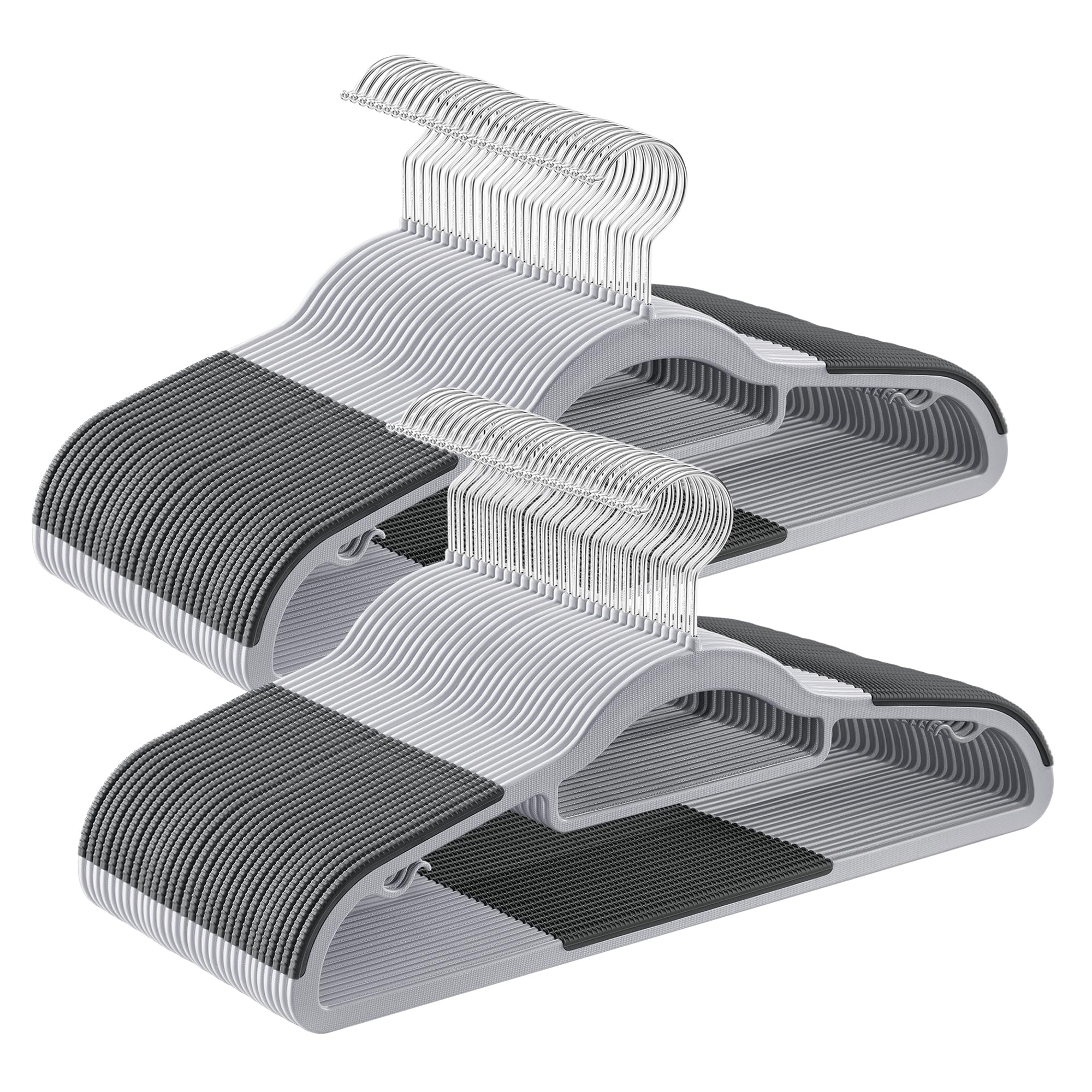 SONGMICS Pack of 60 Coat Hangers, Space-Saving Plastic Clothes Hangers, Non-Slip, 0.2 Inches Slim, 16.5 Inches Wide, 360° Swivel Silver Hook, Light and Dark Gray UCRP0020G01 Image