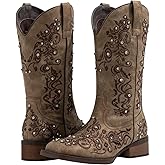 SheSole Women Cowboy Boots Sparkle Western Cowgirl Boots for Ladies Rhinestone Wide Square Toe Mid Calf Floral Shoes
