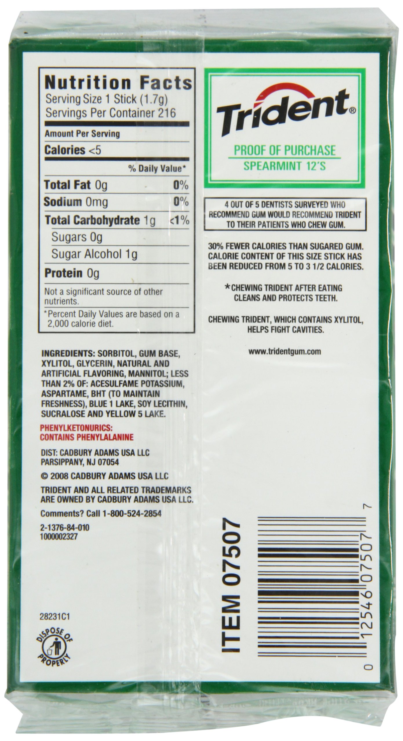 Trident Sugar Free Gum (Spearmint, 18Piece, 12Pack) Buy Online in