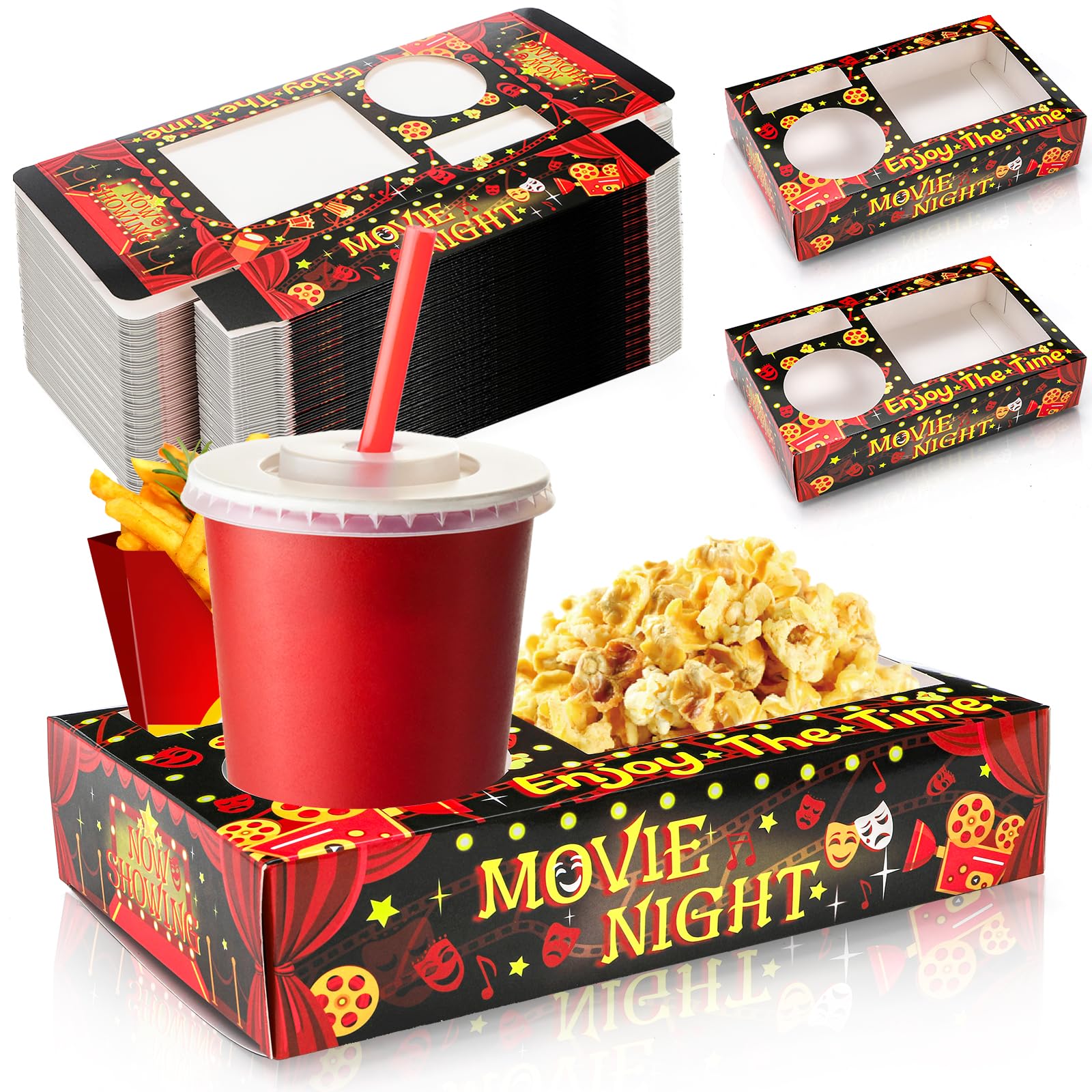 Photo 1 of Tebery 50 Pcs Movie Night Snack Tray, Disposable Movie Snack Holder Box, Sturdy Outdoor Popcorn Candy Food Drink Tray, Movie Night Supplies Favors for Theater Family Birthday Party, 9.5 x 6 Inch