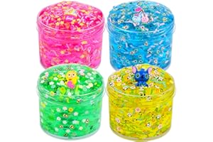 AEYIAKOV 4 Pack Clear Slime Kit, with Blue, Pink, Green and Yellow Crystal Slime Toy, Super Soft & Non-Sticky, Stress Relief Toy for Girls and Boys, for Kids Birthday Party Favors and School Education