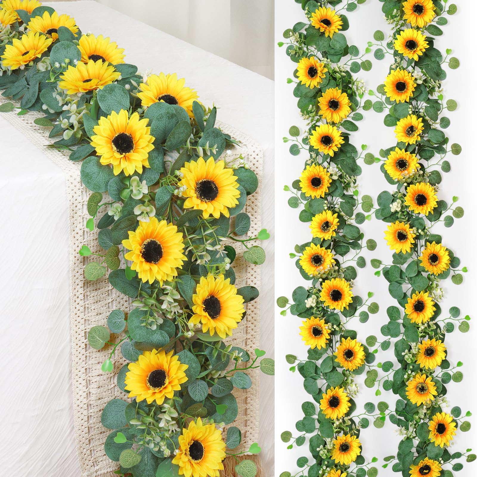 DEMIUKO 2PCS Artificial Sunflower Garlands Fake Flowers Decoration Spring Summer Hanging Flowers Garland Yellow Faux Daisy Eucalyptus Vine for Wedding Home Party Balcony Fence Garden Decor DIY Wreath