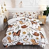 XYNHML Western Horse Comforter 3Pcs Twin Wild Brown Horse Cowboy Boot Hat Cactus Bedding Set for Kid Teen Girl Boy Adult Horsewhip Badge Horseshoe Quilt Bed Decor with 1 Comforter and 2 Pillowcases