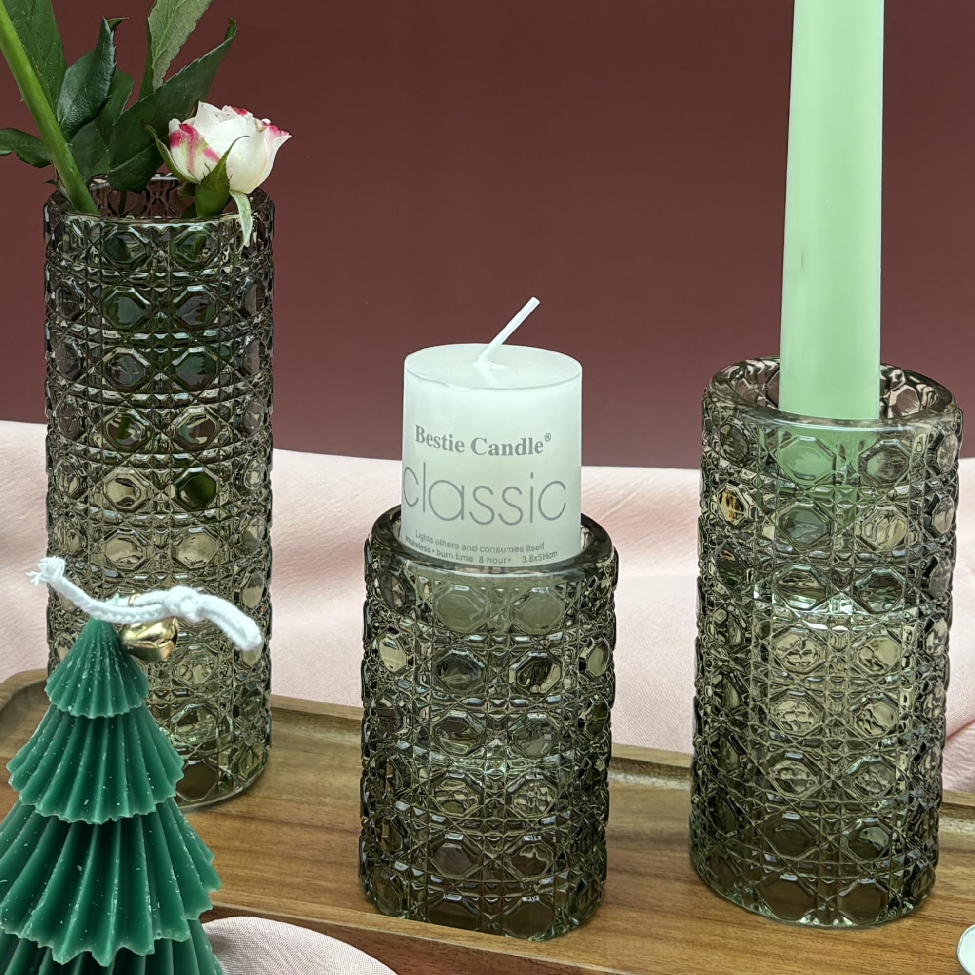Green Glass Candle Holders Set, 6 Pack Clear Candlestick Holders 3 in 1 Crystal Candleholder Pillar Candle Stands, Tealight & Votive Candle Holder Home Decor Table Centerpieces Christmas Wedding