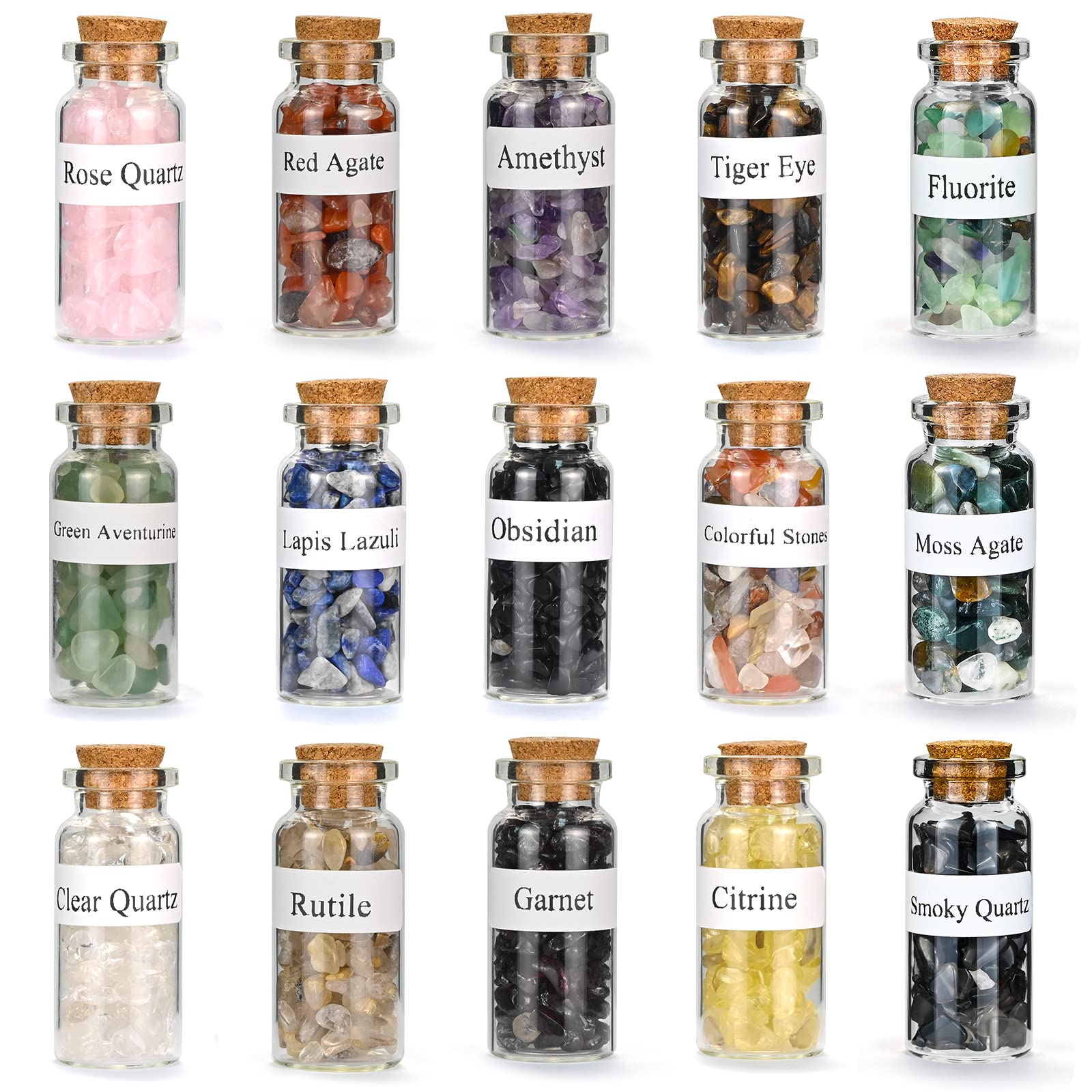 15Pcs Crystals Gemstone Bottles Set, Healing Crystal Tumbled Stones Collection Kit Natural Quartz Gravel Wishing Bottle, Reiki, Healing, Meditation