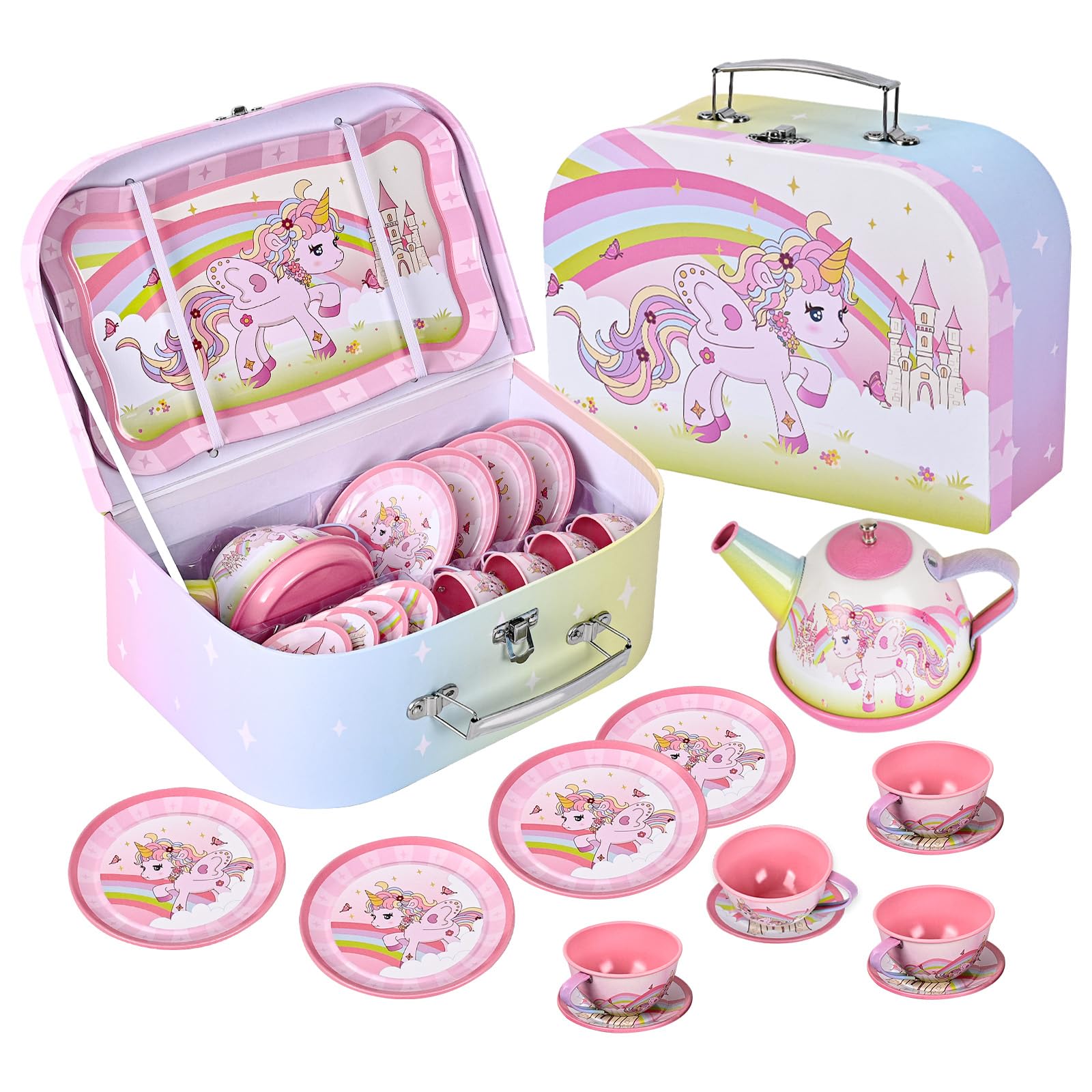 Fairy Toona Unicorn Tea Party Set for Little Girls Ages 3-6, 15-Piece Pretend Play Kitchen Toys with Teapot, Cups, Plates & Storage Case, Princess Gift Set