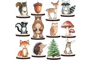 ZVAOLEE 12 Pcs Painted Woodland Animals Wood Table Centerpieces Cutout Shapes Woodland Baby Shower Decorations Wild Creatures Wood Table Topper for Forest Camp Party Supplies