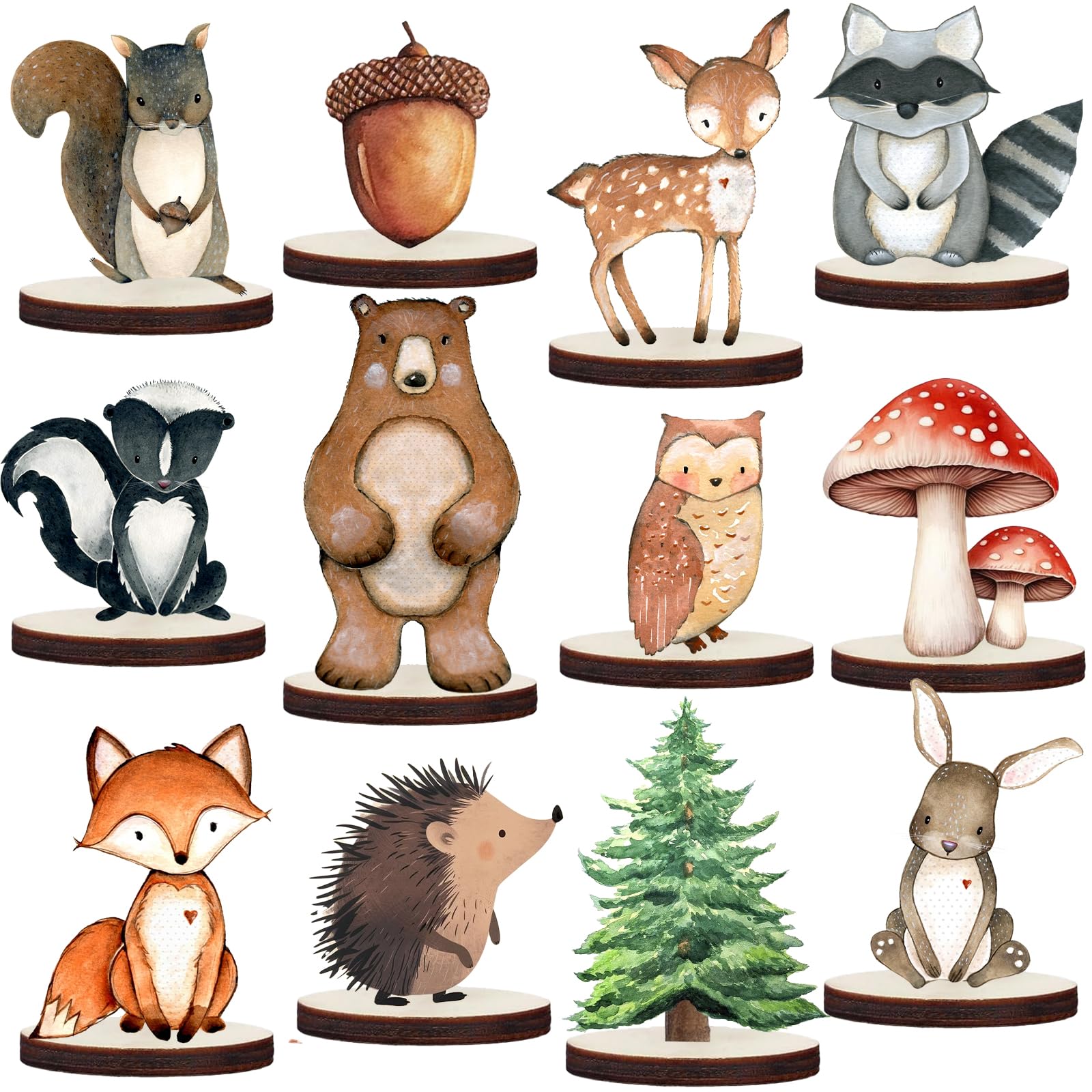 Photo 1 of 12 Pcs Painted Woodland Animals Wood Table Centerpieces Cutout Shapes Woodland Baby Shower Decorations Wild Creatures Wood Table Topper for Forest Camp Party Supplies